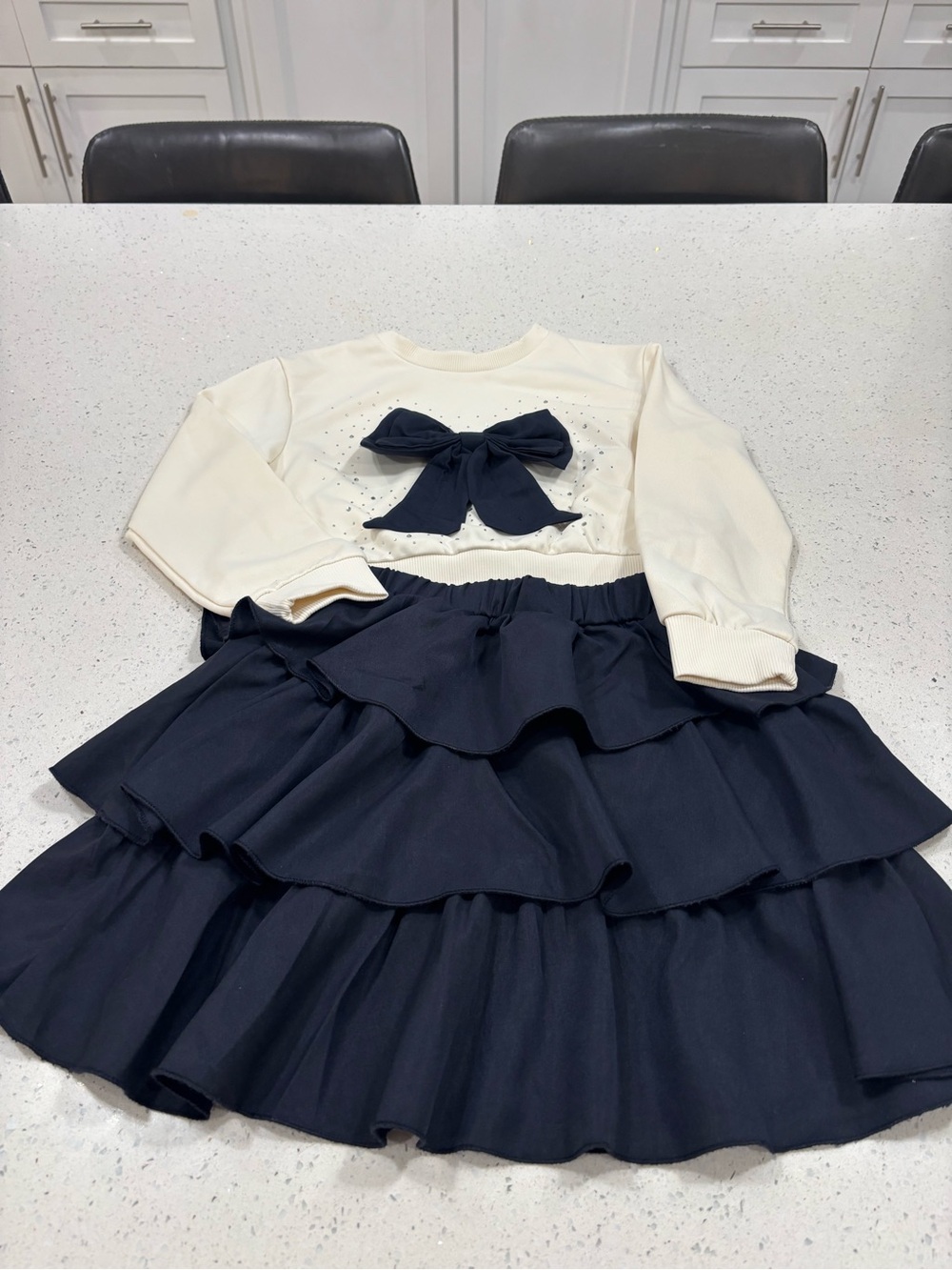 SHEIN Cream Long-Sleeve Top with Navy Bow & Navy Tiered Skirt Size 8